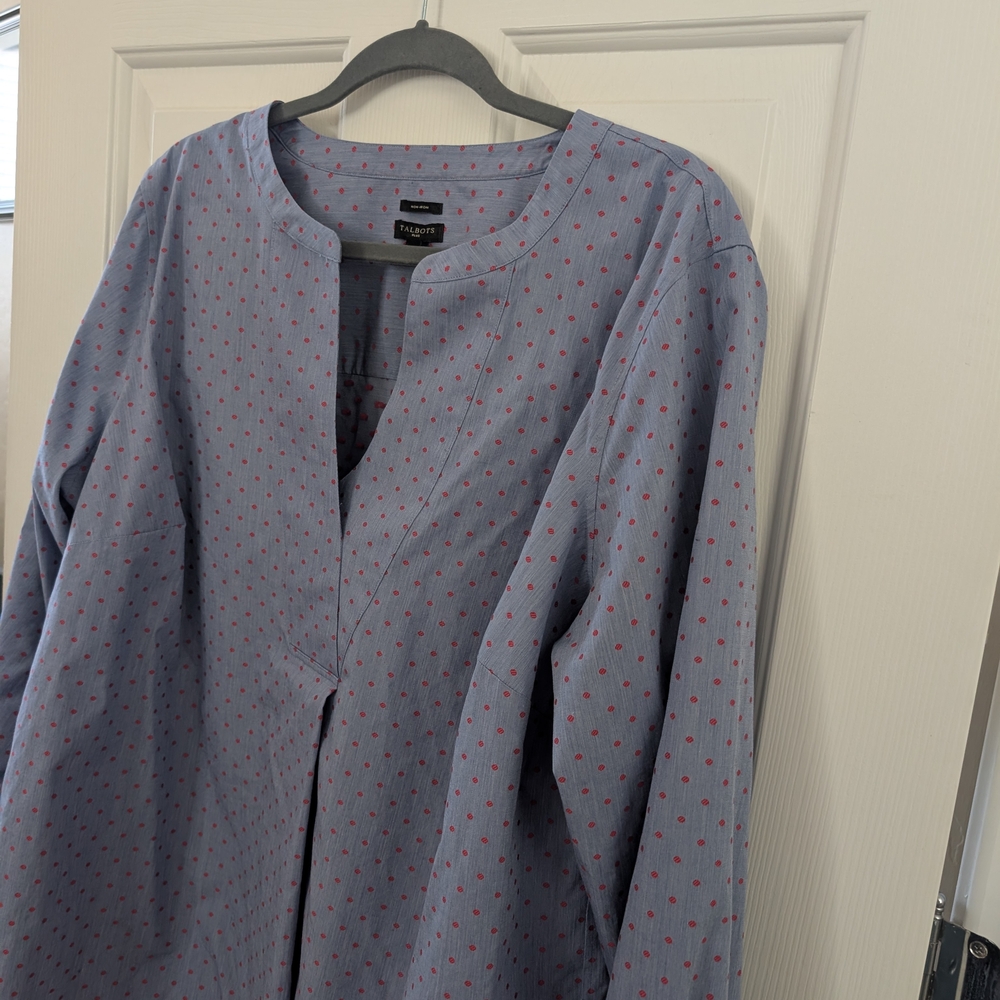 Talbots Blue Blouse with Red Dots